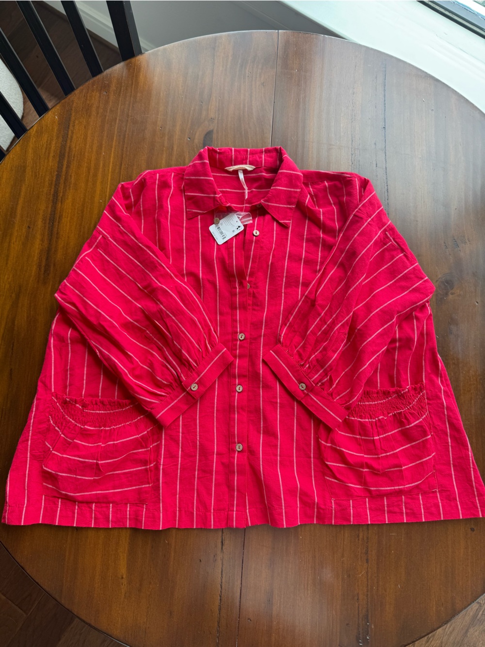 Free People Ruffle Pocket Buttondown Shirt Red Combo Striped Boxy XS